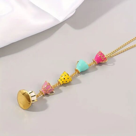 Alice in Wonderland Mad Hatter Tea Party Gold Rainbow pendant necklace - Picture 2 of 3